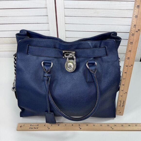 Michael Kors Saffiano Leather Chainlink Hamilton Tote Bag Navy Blue Silver - Picture 10 of 13